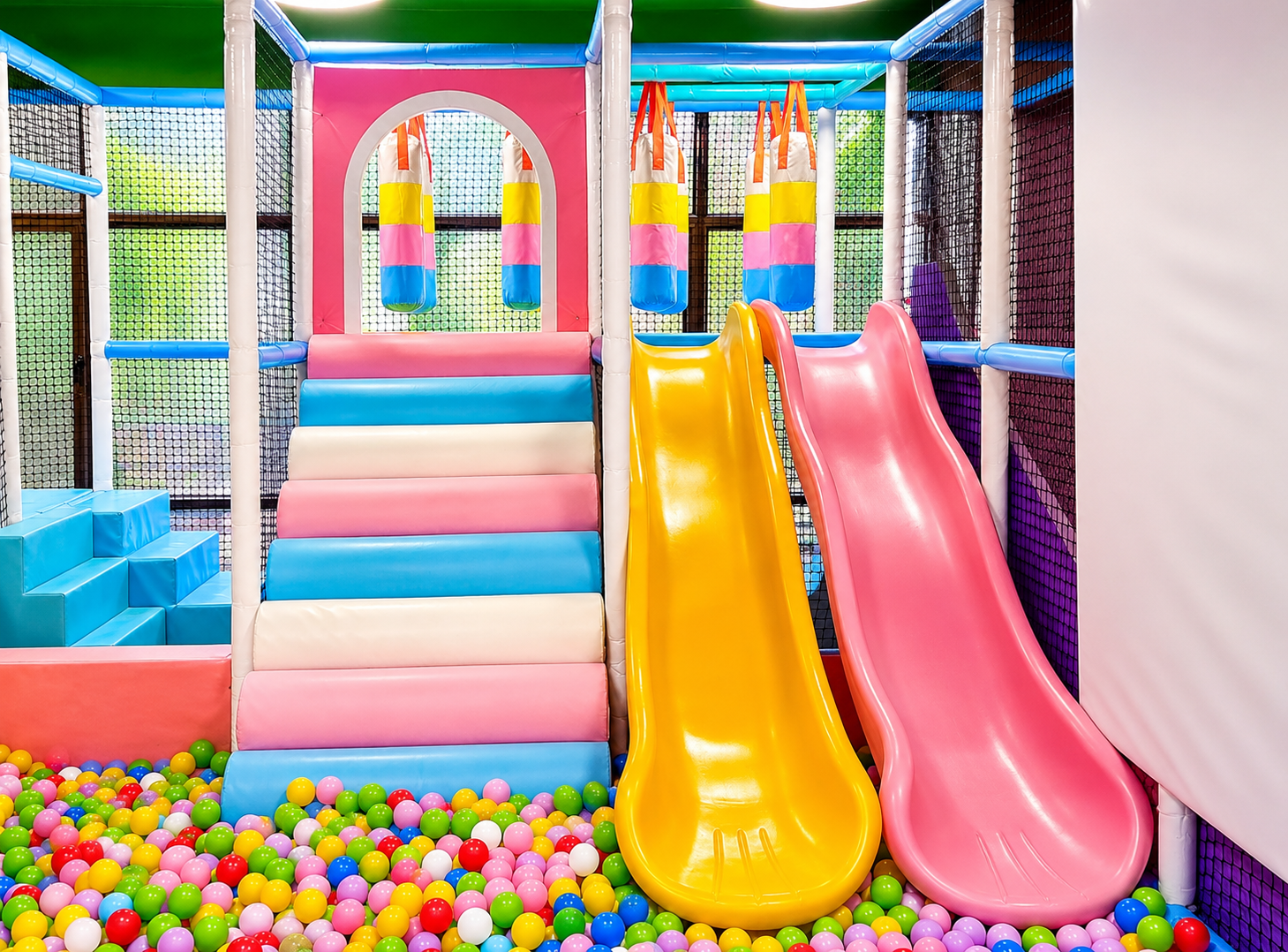 Bright indoor kids play area with slides and ball pit